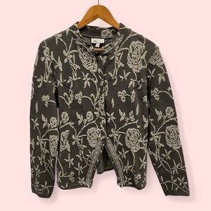Gorgeous 90’s-Y2K Linea Domani gray roses chunky lace ribbon trim cardigan luxe
